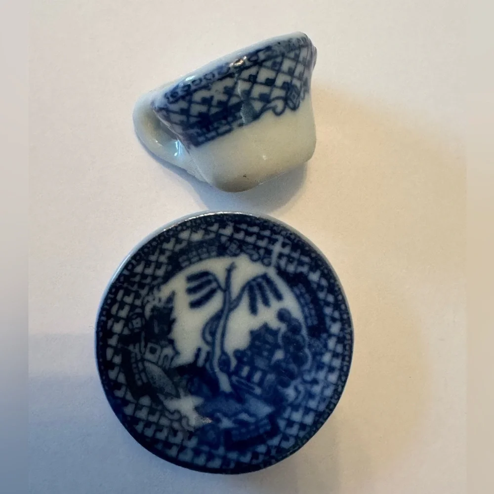 Blue and White Miniature transferware cup saucer tiny miniatures collectible